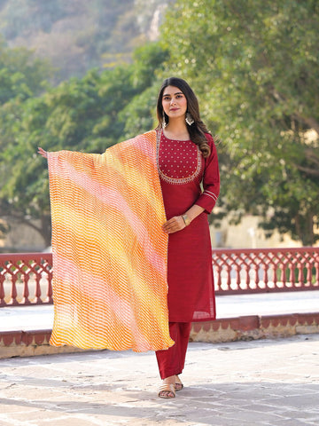 Varanga Maroon Yoke Embroidered Straight Kurta Paired With Sgtraight Pant And Leheriya Dupatta